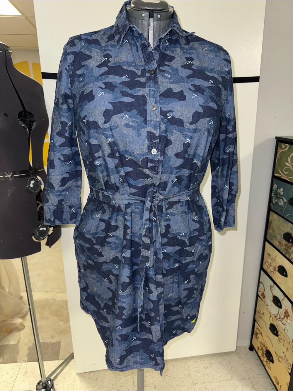 Nautica Blue Camouflage Button-Front Midi Shirt Dress